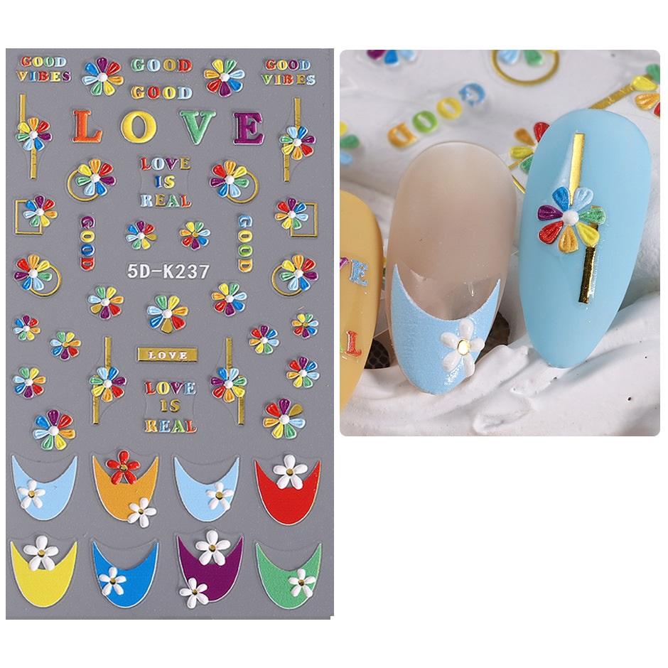 5D Embossed Nail Art Stickers Sun Flower Nail Decals Engraving Floral Nail Slider Tips