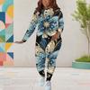 Women Plus Size Two Piece Set Round Neck Long Sleeve Black Gold Printed Top Fitted Pants