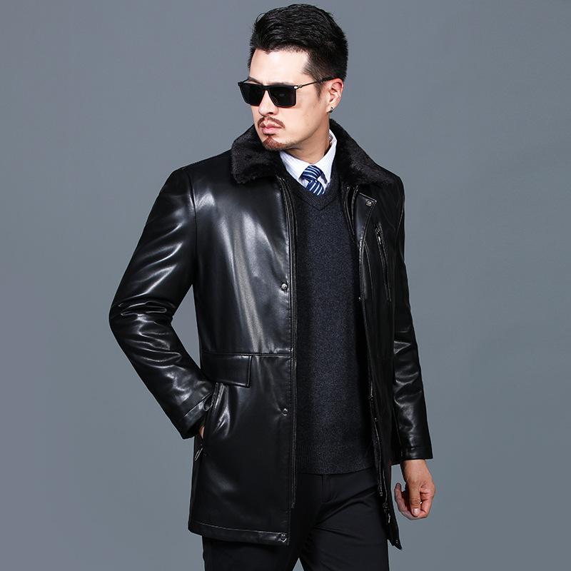 Winter leather coat for middle-aged men, business casual, mid-length coat, mink fur lining, removable