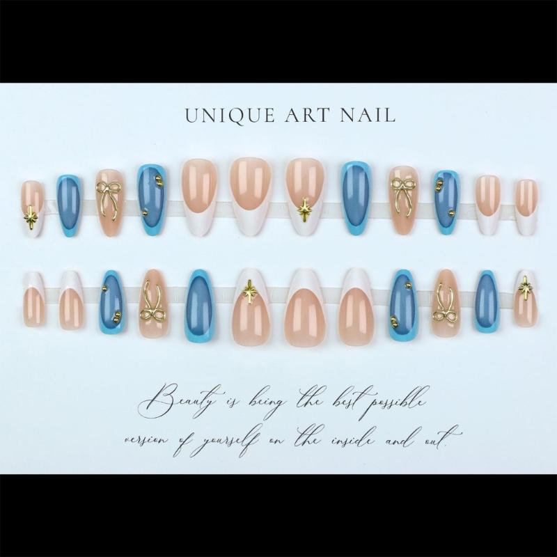 Pack Of 1Set French Style 3D Bows Blue Green Gradient Almond Shape Fake Nail ABS Material For Women