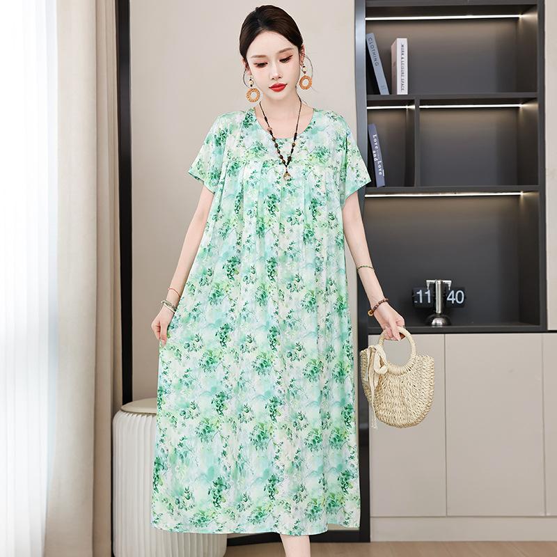 2 Neues hochwertiges florales Baumwoll-Seiden-Kleid für Damen-Sommer-Temperament, Bauchbedeckung für Mütter, große Größe künstliche Baumwolle langer Rock