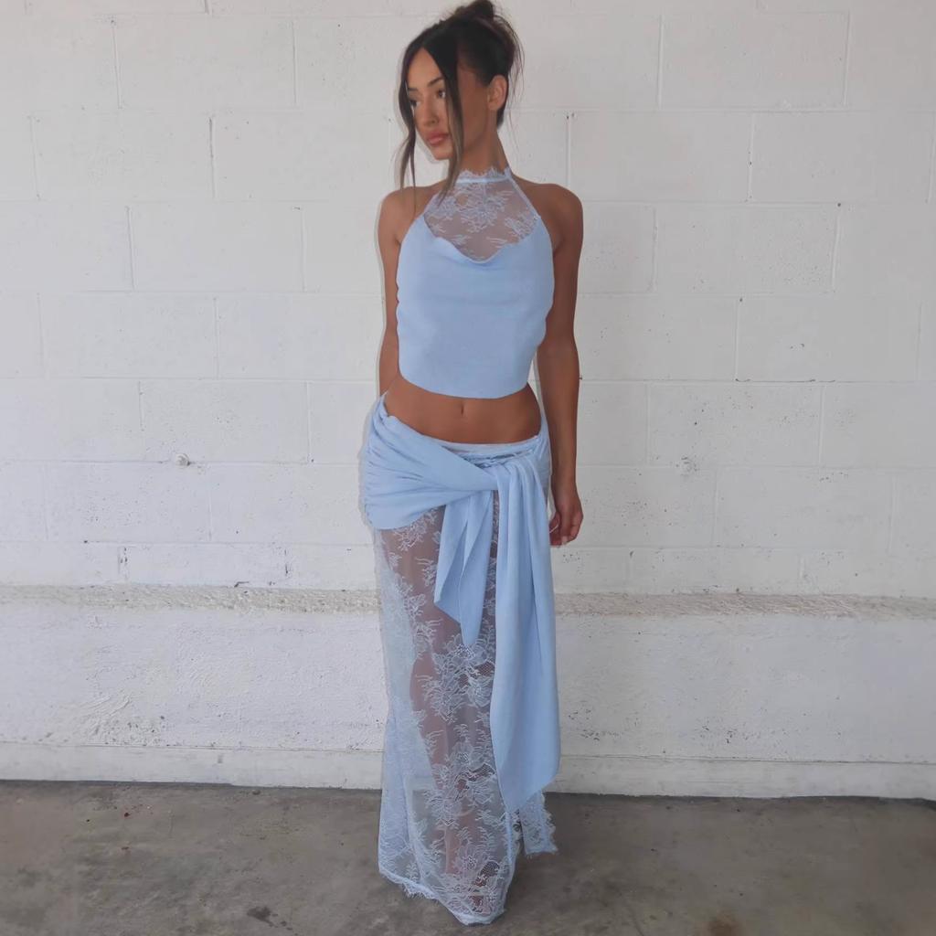 Women's new fashionable and sexy hollow lace skirt set swing collar top skirt two-piece set women's wholesale