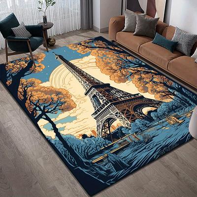 Eiffel Tower Printed Carpet Large Non-Slip Area Carpet-Crystal Velvet Polyester Carpet-Bedroom, Living Decoration