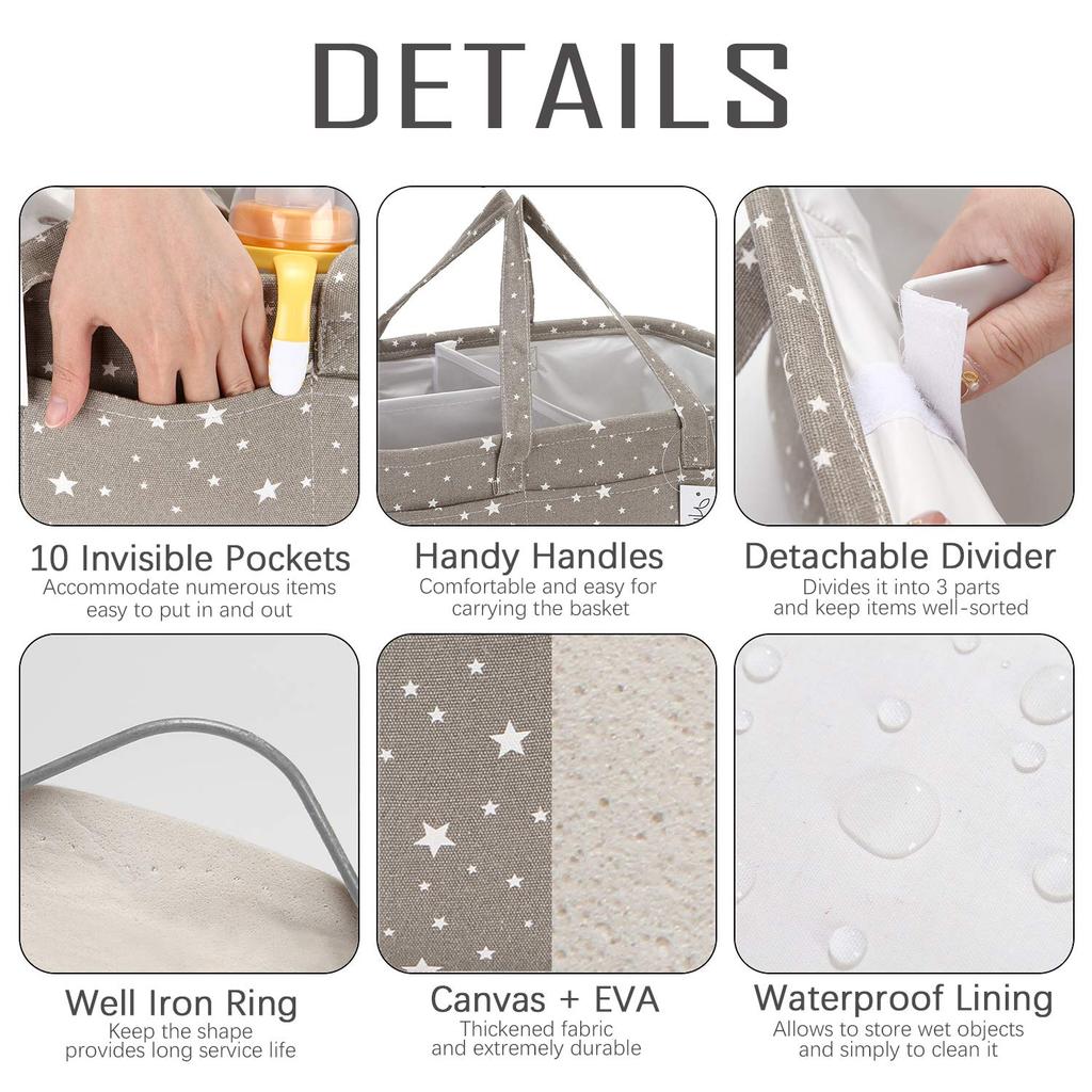 Hinwo Diaper Storage Diaper Baby Supplies Storage Baby Baby Gift Small Bag, Pouch, Case, Basket, Bag, Box, Foldable, Baby, Prep, (Gray, Star)