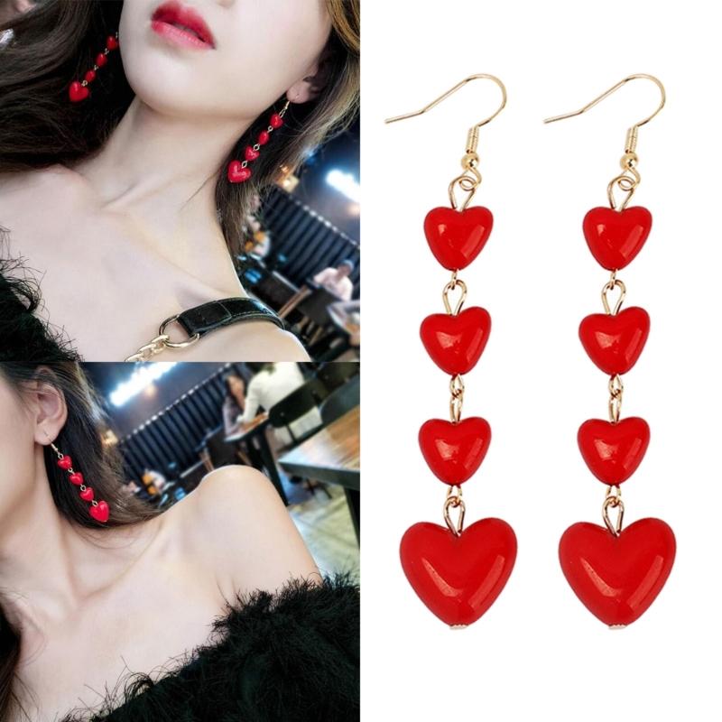 Red Heart Long Tassel Earrings Sweet Drop Dangle Earrings Party Jewelry Fashion Piercing Earrings Comfortable to Wear