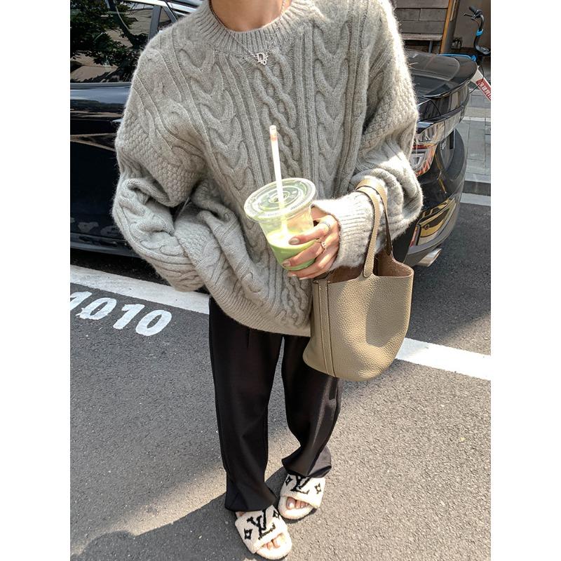 Retro pullover twist sweater for women's outerwear autumn and winter new loose lazy style solid color crew neck knitted top