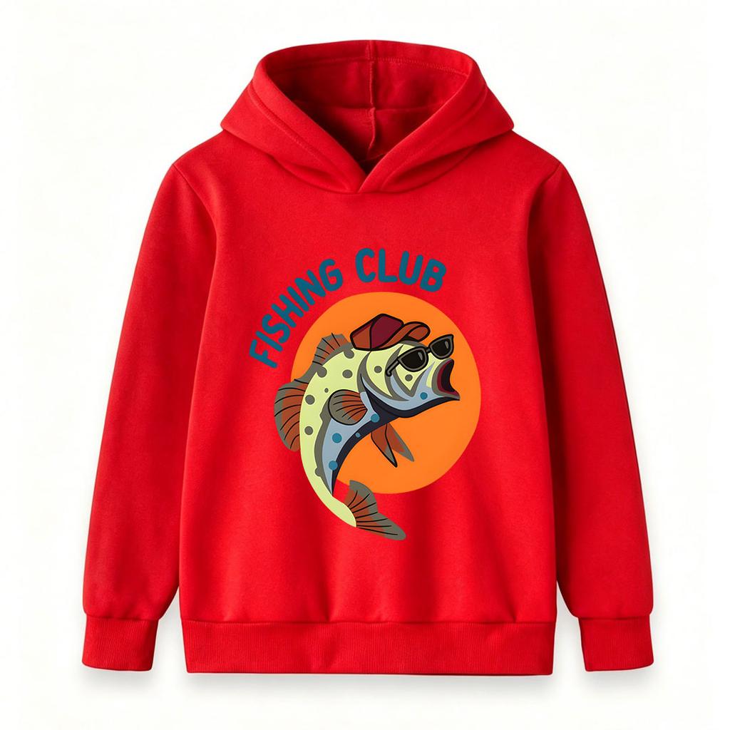 Kids Boys Girls Pullover Hoodie, Cool Cartoon Fish Fishing Club Print Casual Long Sleeve Sweatshirt, Comfortable Crew Neck Hooded Top for Daily Outdoo