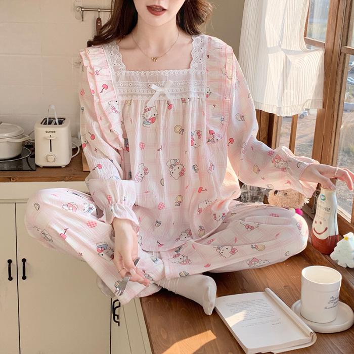 Sweet Polka Dot Lace Trim Princess Pajama Set for Women - Long Sleeve