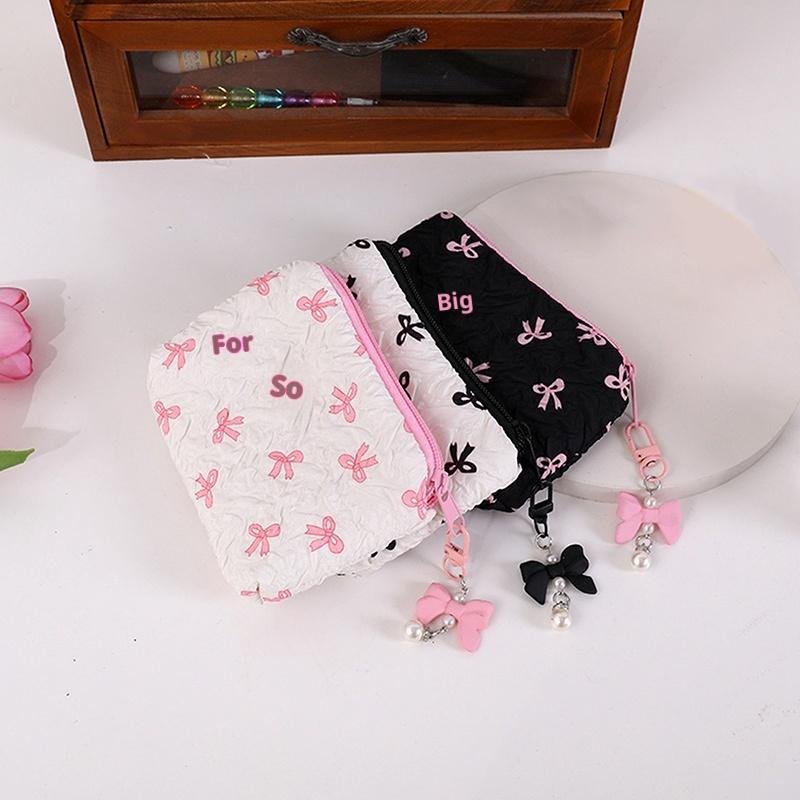 Bolsa de Maquillaje de Tela con Lazo Adorable, Neceser Cosmético para Mujer, Portátil para Pintalabios Auriculares Organizador de Viaje Pequeño Bolso de Mano