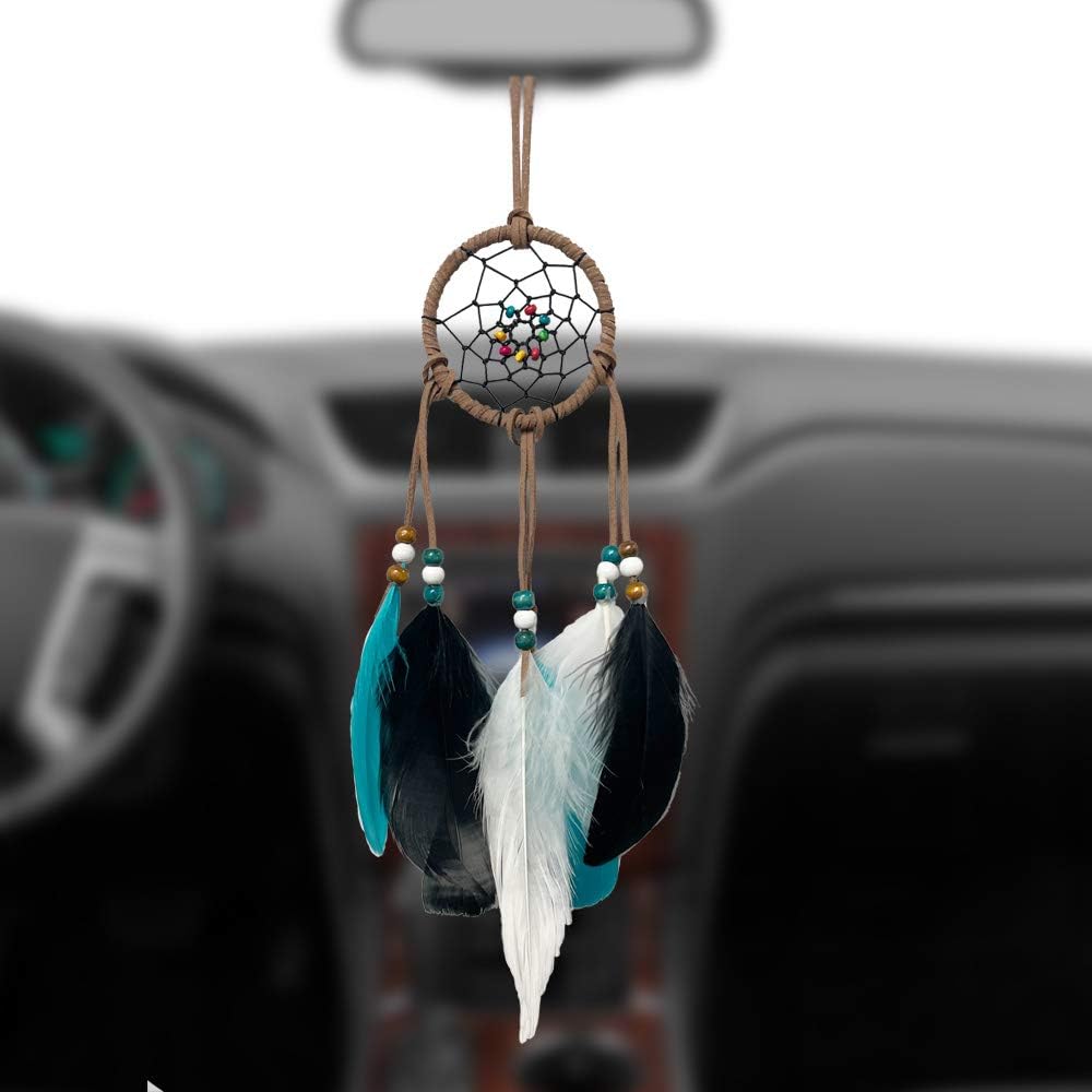 Dream Catcher for Car Rearview Mirror Hanging Decor Handmade Indian Wooden Beads Nature Feather Small Car Charms Pendant Accessories