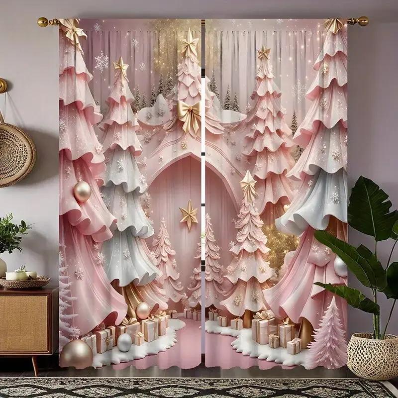 

Pink Christmas Tree Printed Curtains Decorations Bedroom Living Room Home Decoration Curtain Made Of Polyester Washable Sitting Ready W100*H70(CM)-Grommet top&2PCS