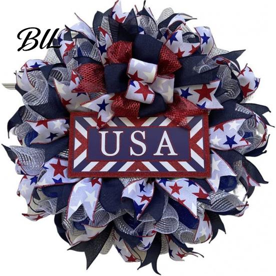 Summer Party Decoration Patriotic Wreath for Front Door Handmade 4th of July Hanger Red White Blue American Wooden Hanging Plaque Wall Porch Memorial