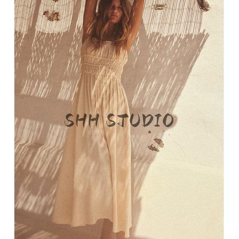 Spring New Women's Clothing Straight Collar Sleeveless Viscose Blended Vacation Style Drape Midi Skirt Dress 3152368