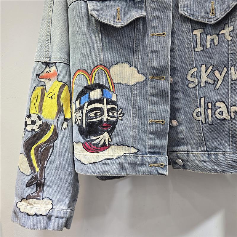 2025 Autumn Retro American Hand-Painted Graffiti Cartoon Women's Denim Jacket