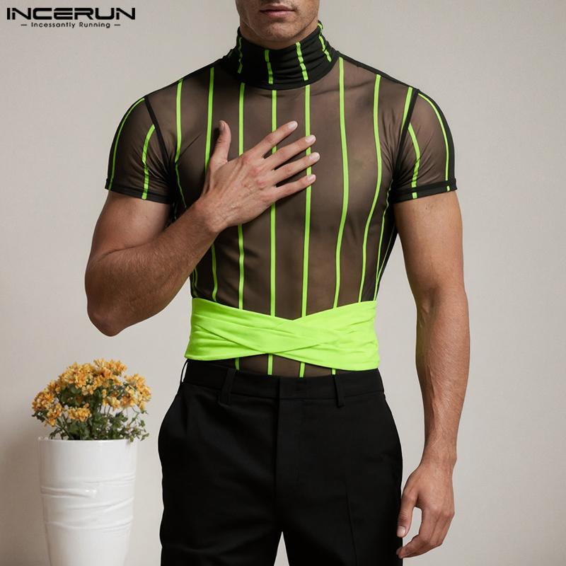 INCERUN Men Short Sleeve Mesh Sheer Patchwork Striped Party Club T-shirts Tops