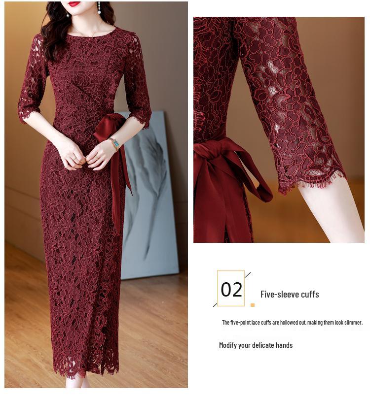 2023 Summer Wine Red Retro Lace Evening Dress