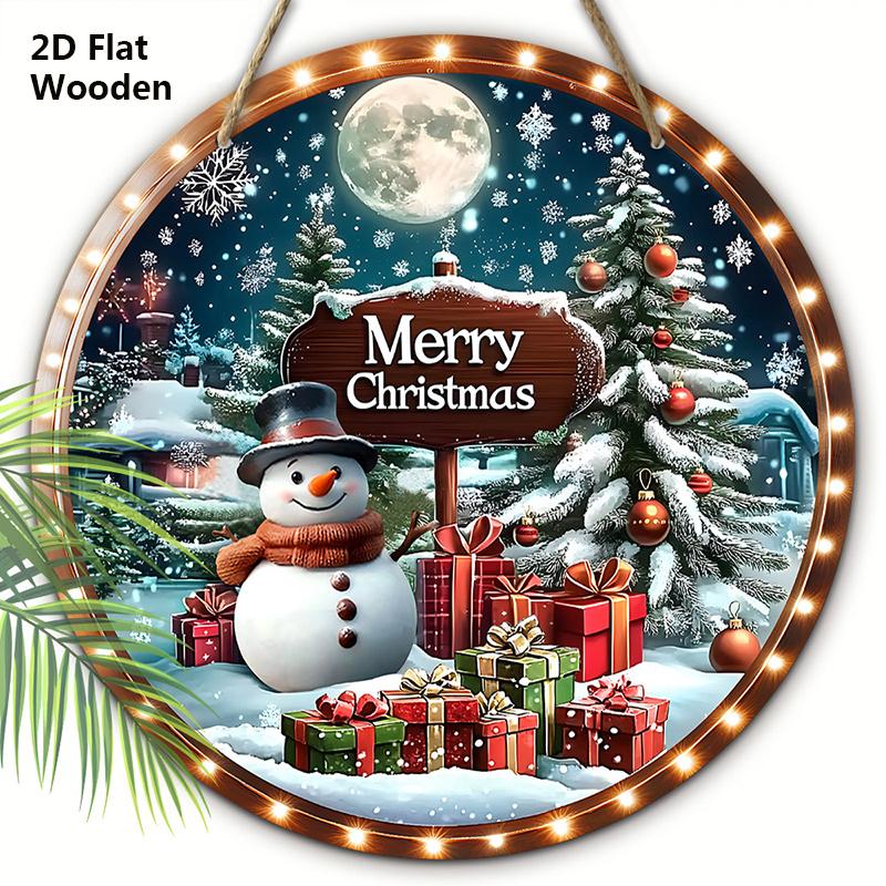 

Теплая зимняя деревянная рождественская табличка с узором снеговика, круглая табличка «Счастливого Рождества» для декора на дверь или стену, идеальное рождественское украшение 20cm/7.87in небесно-голубой
