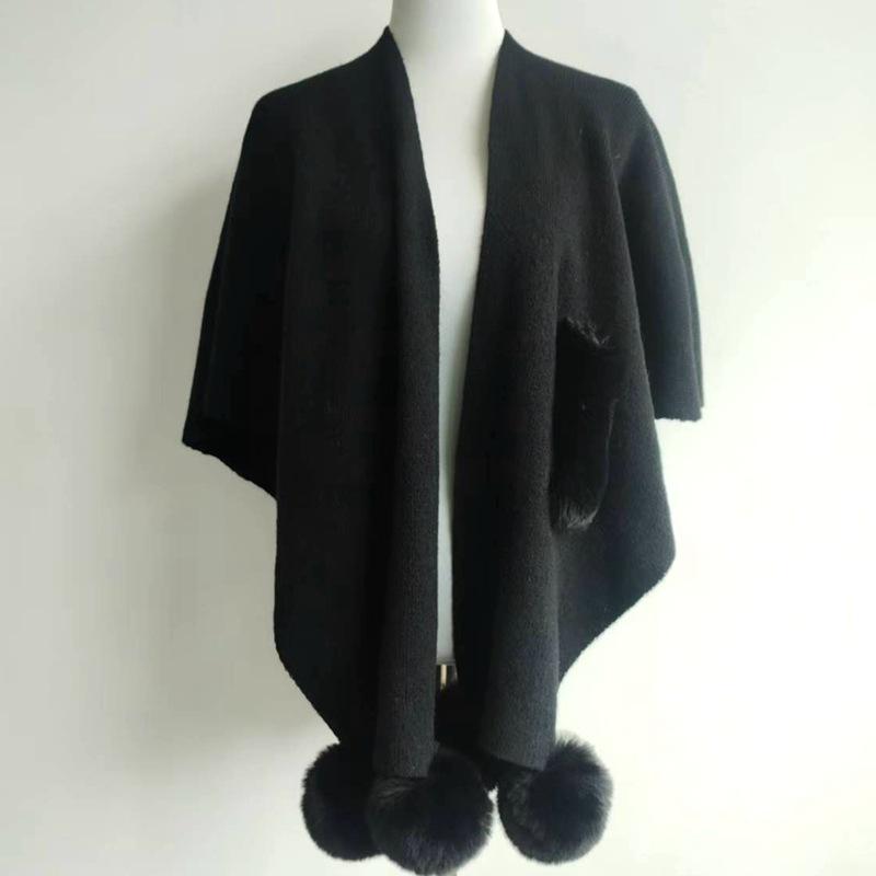 European and American Fur Collar Knitted Pom-Pom Cardigan Shawl