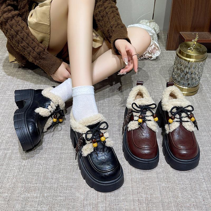 Cowhide Thick-soled Fluffy Women's New Winter Velvet Warm Cotton Shoes Heightening Small Leather Shoes
