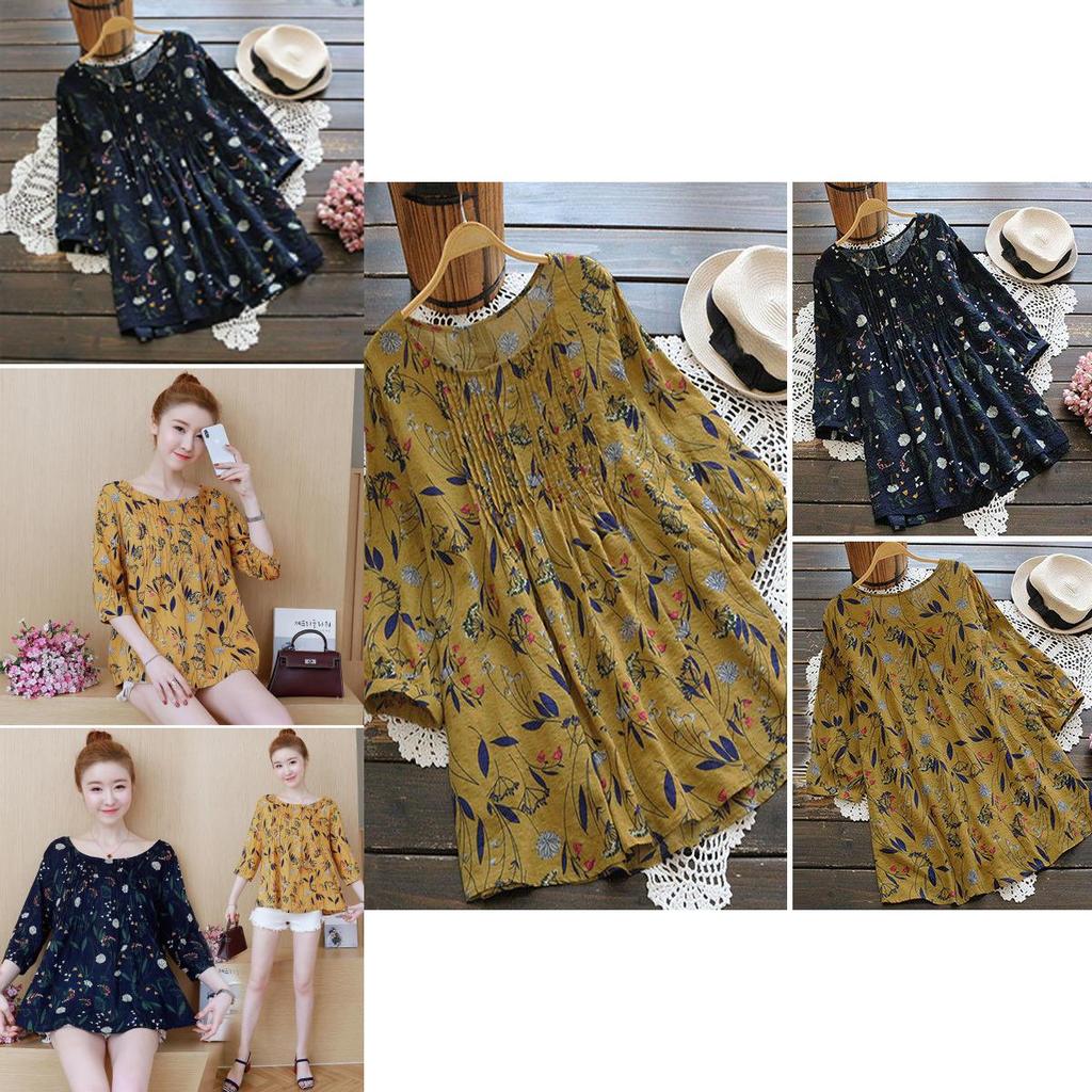 Elegant Womens Floral Print Casual Long Tops Shirt With Loose Vintage Ethnic Design And Crew Neck