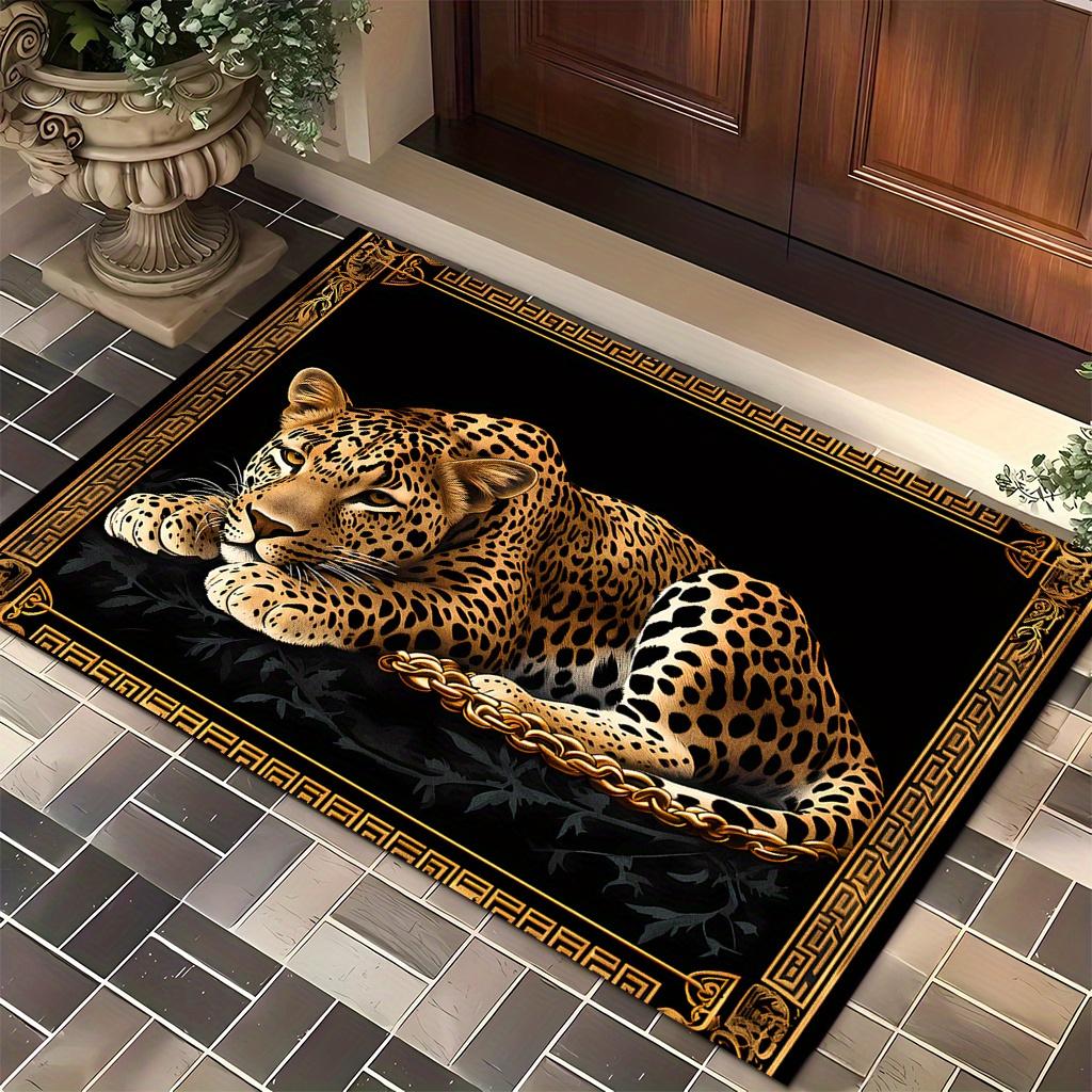 Tappeto da Pavimento Rettangolare Welcome con Stampa 3D Leopardo Animale Selvatico Antiscivolo Zerbino Lusso Nero Oro per Ingresso Casa Decorazione Portico