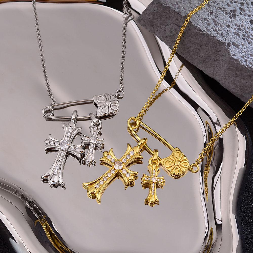 Pin Cross Pendant Necklace Niche Light Luxury High-End Flash Trading Zircon Paper Clip Clavicle Chain Accessories