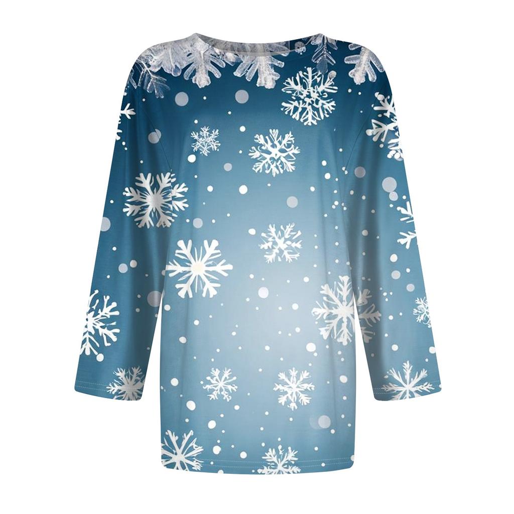 Women's Fashion Casual Seven Sleeve Christmas Printed Round Neck T-Shirt Top