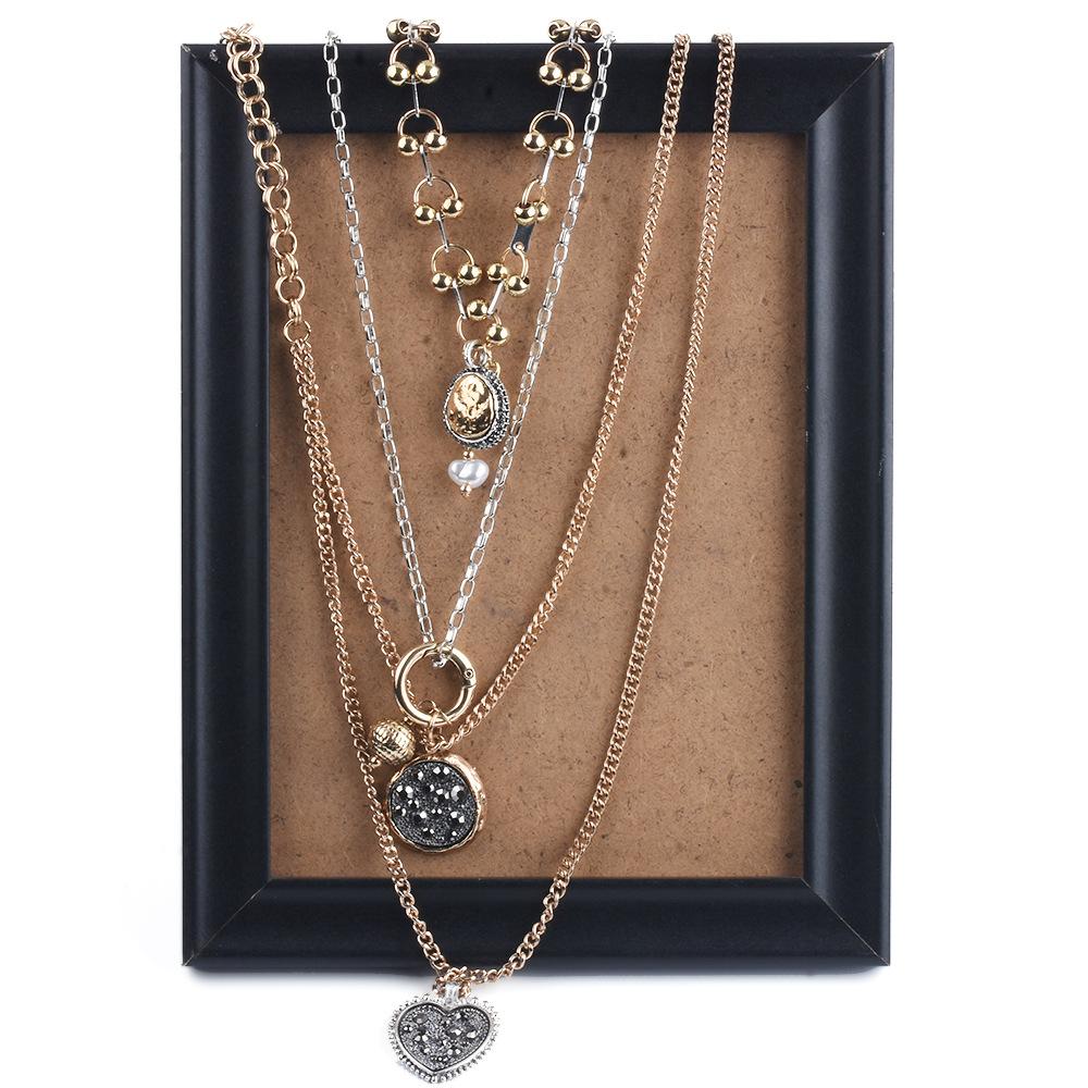 Women Multi Layer Stacked Necklace Two Tone Gold Silver Beaded Chain Rhinestone Heart Pendant Statement Necklace
