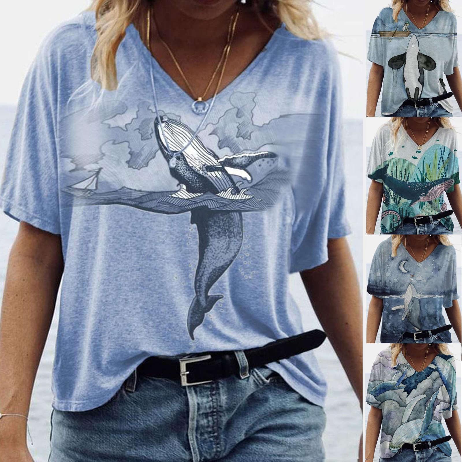 

Женские летние модные повседневные пуловеры с короткими рукавами и v-образным вырезом с принтом