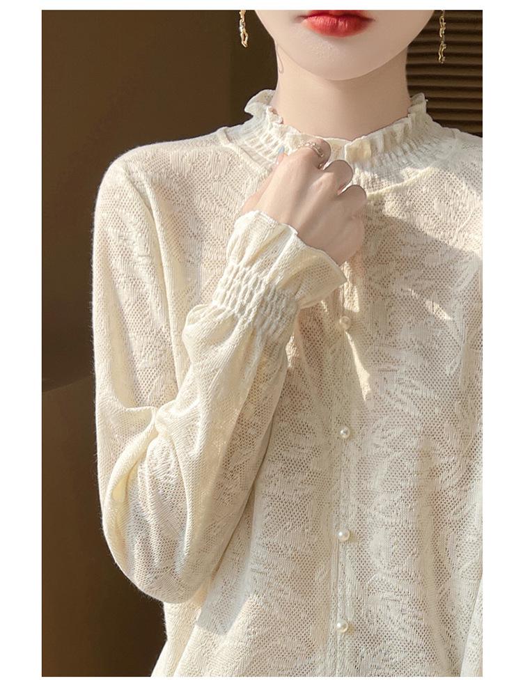 Ruffled Hem Knit Lace Long-Sleeve Spring Top, Fashionable for Outdoor Wear