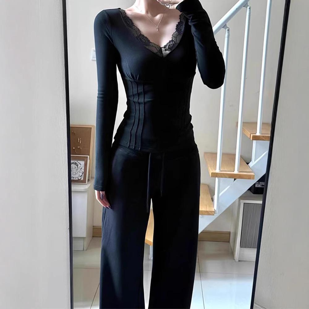 Elegantes Damen Frühlings Spitzen-Patchwork V-Ausschnitt Langarmshirt