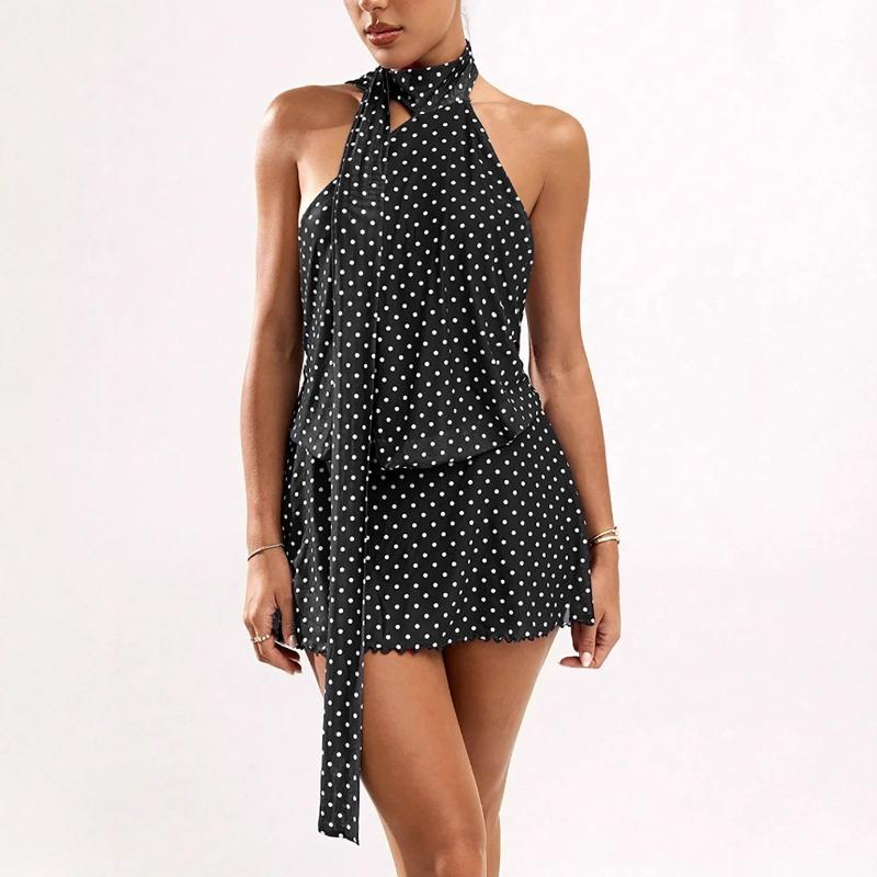 European and American temperament women's clothing polka dot sleeveless neck waist dress sexy backless mini mesh skirt