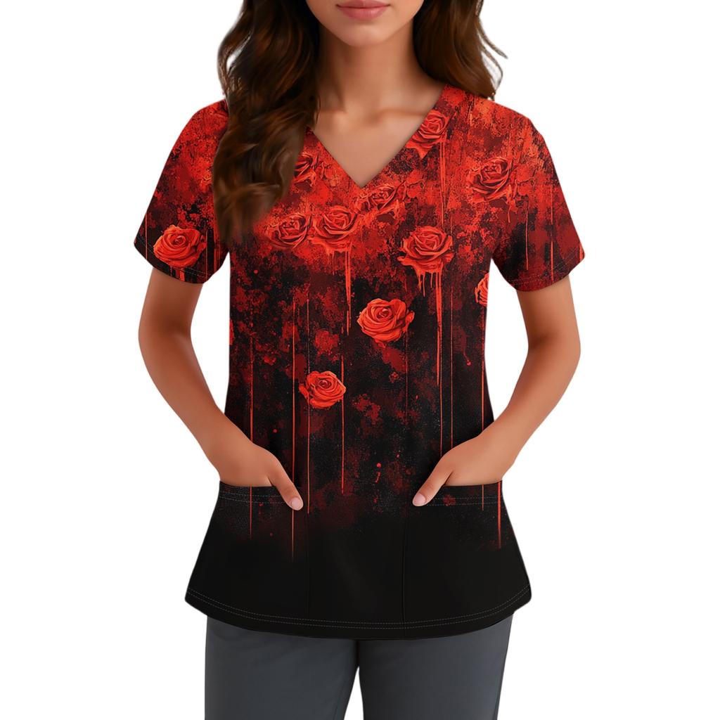 Women V Neck Short Sleeve Printed Top with Pockets Halloween Pattern Comfortable Fit for Healthcare Professionals