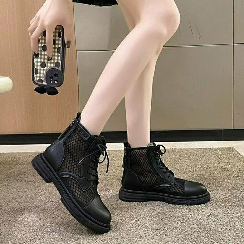Spring Summer New Women's Mesh Hollow Out High Top Thin Boot Thick Sole Non Slip Breathable Lace Up Round Toe Low Heel Work Boot