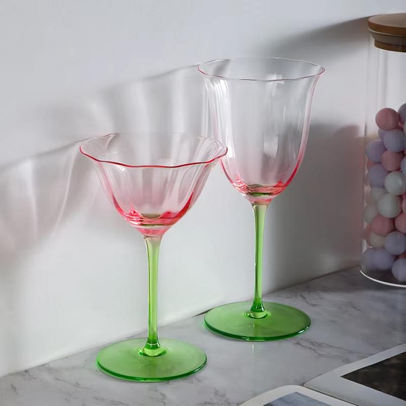 Bicchieri da Vino di Lusso Retrò in Cristallo Strisce Verticali Chiare Design Floreale Rosa Verde Flûte Calice da Cocktail Martini