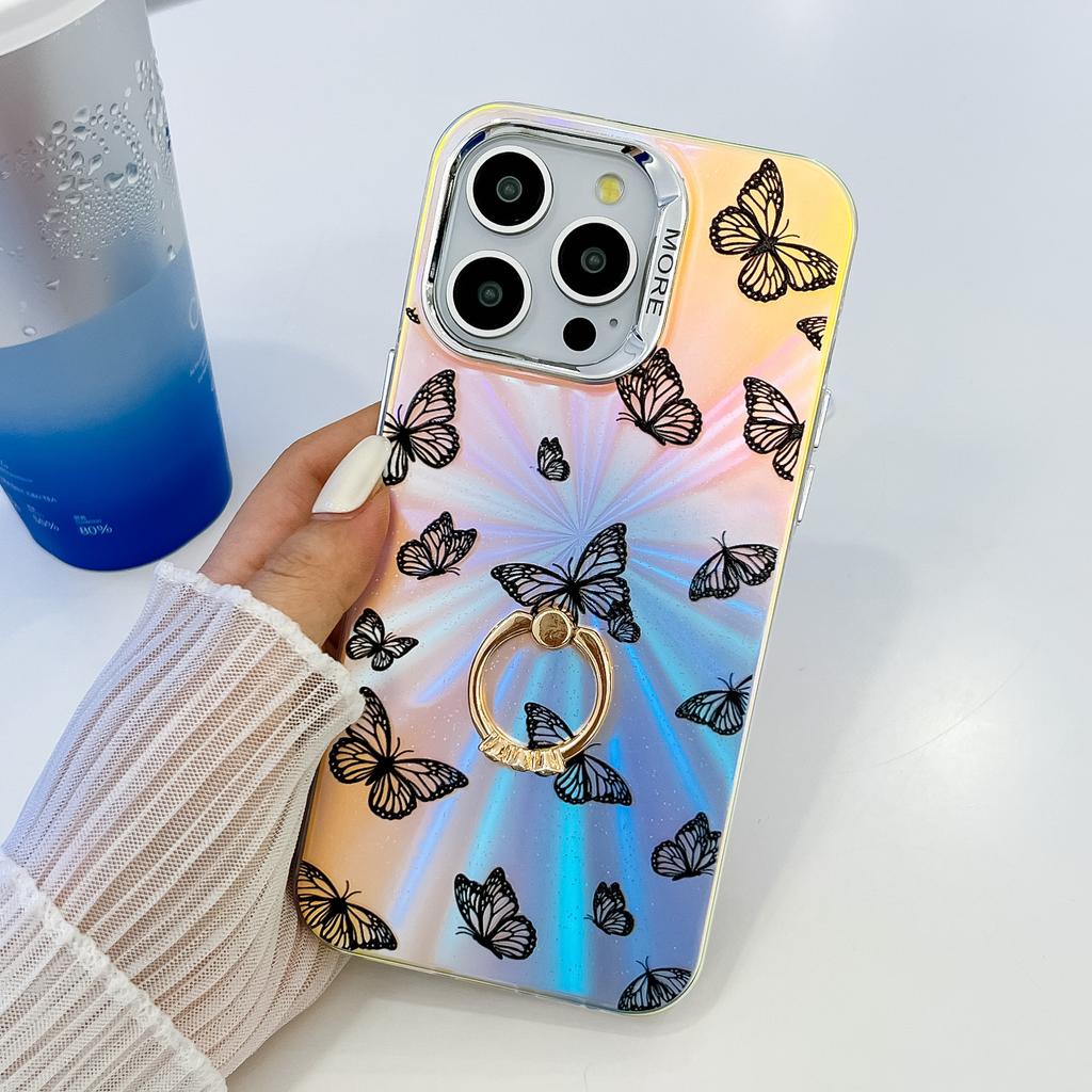 For iPhone 15 Pro Case Laser Texture Electroplating Butterfly Pattern Ring Kickstand Phone Cover