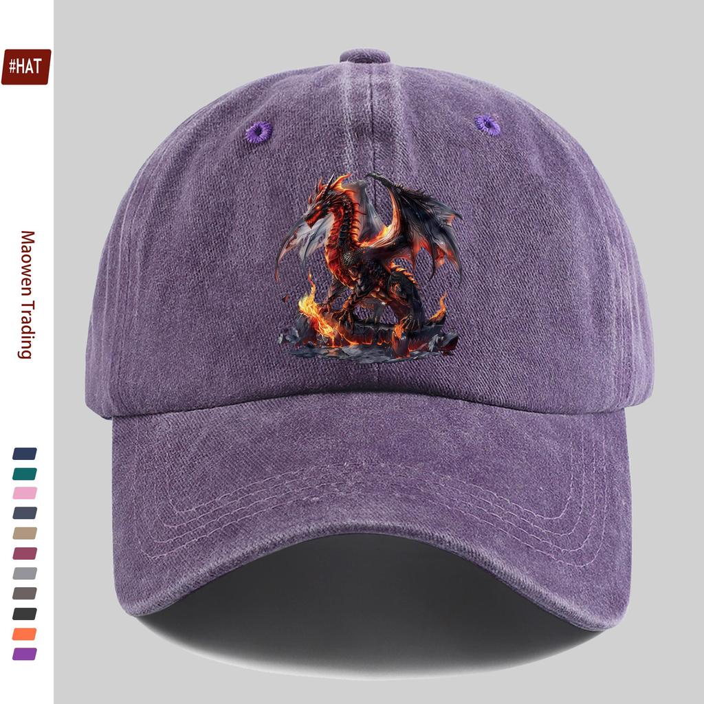 Pc Baseball Cap with Red Dragon Standing On Flaming Rock Pattern Print Fashionable Casual Fire Dragon Print Design Golf Cap H