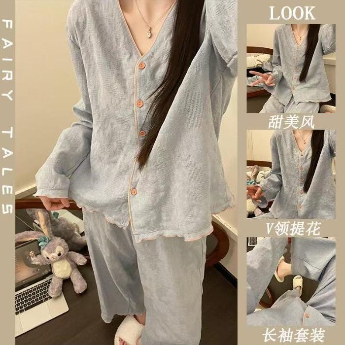 

Long-sleeved pajamas women s autumn new sweet wind simple solid color Korean version loose and comfortable can be worn outside loungewear spot XXL