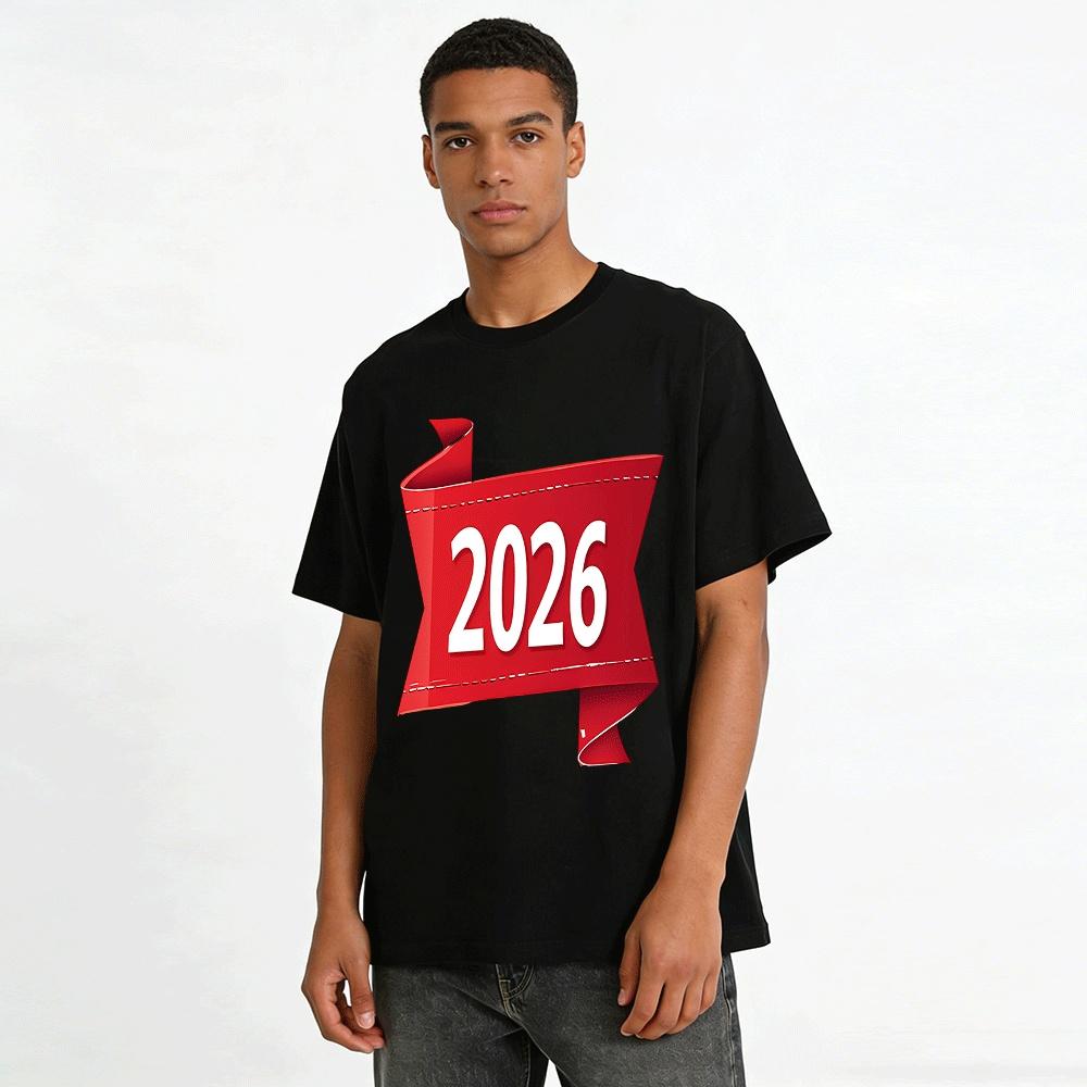 2026 New Year Themed Red Print Casual Versatile Top For Men And Women Pure cotton T-shirt