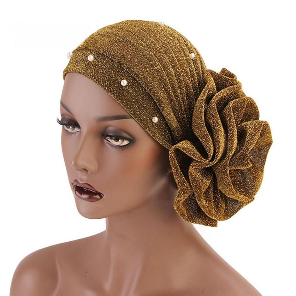 Women Big Flower Headband Cap Faux Pearl Decor Hijab Turban Hat Head Wrap