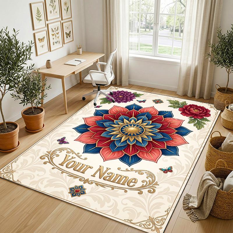 Floral Garden Theme Crystal Velvet Rug Personalized Custom Name Text Soft Floor Mat Home Decor