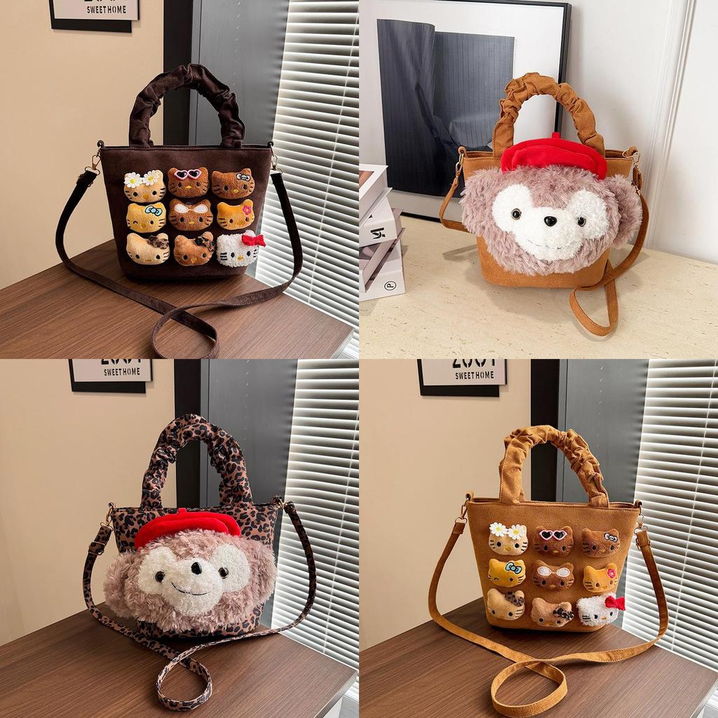 Duffy Cat Pattern Nylon Crossbody Bag With Plush Details For Casual Wear