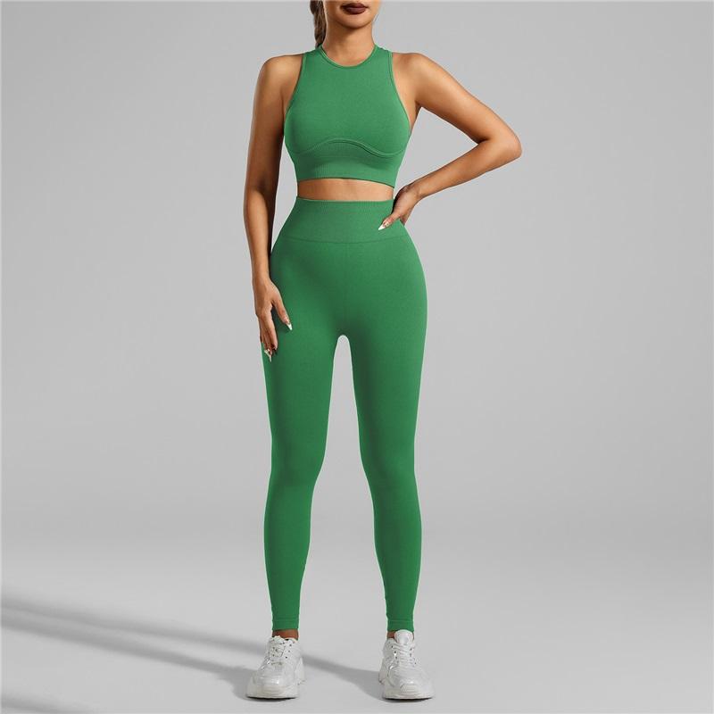 European And American Style Women's Tight-fitting Seamless Yoga Clothes 2 Piece High-intensity Running Fitness Sports Threaded Vest Trousers Suit