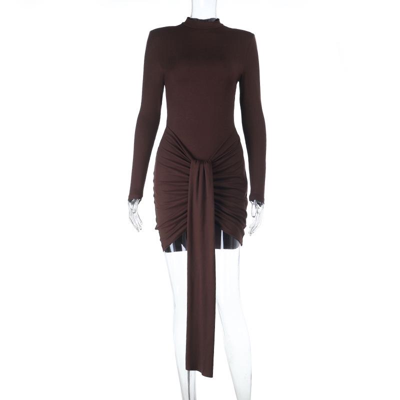 

Semi-High Collar Long Sleeve Bodycon Short Skirt Dress for Women - Autumn Style Small коричневий