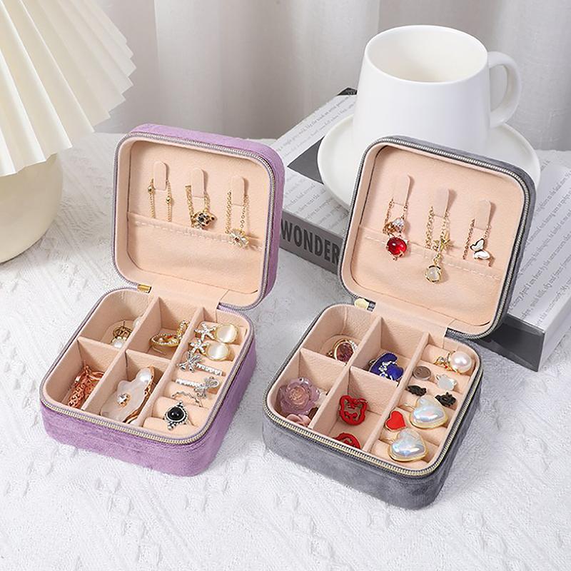 Velvet Jewelry Box Travel Portable Flannel Square Zipper Style Jewellery Storage Case  Gift Holder Ring Earring Holder