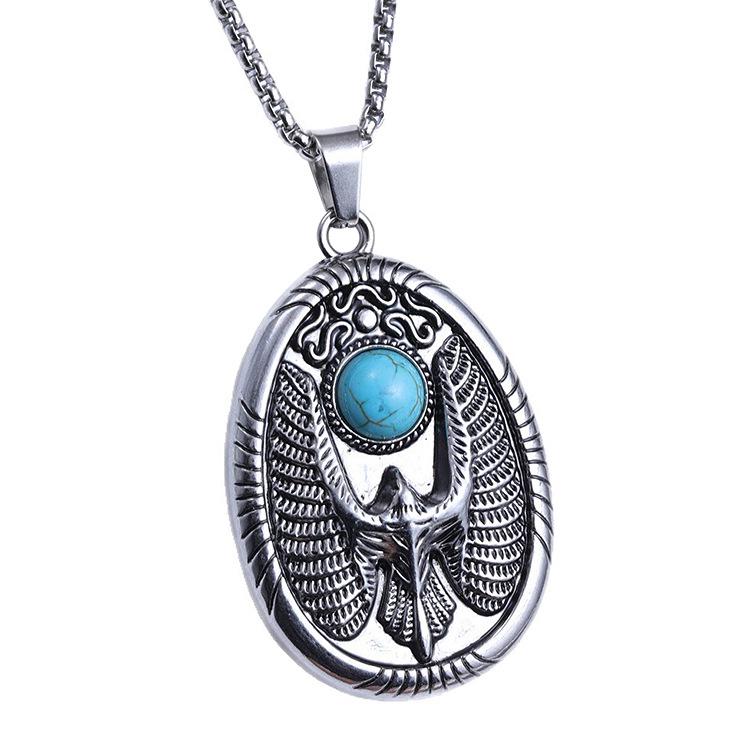 

European & American Retro Turquoise Flying Eagle Titanium Steel Pendant Necklace