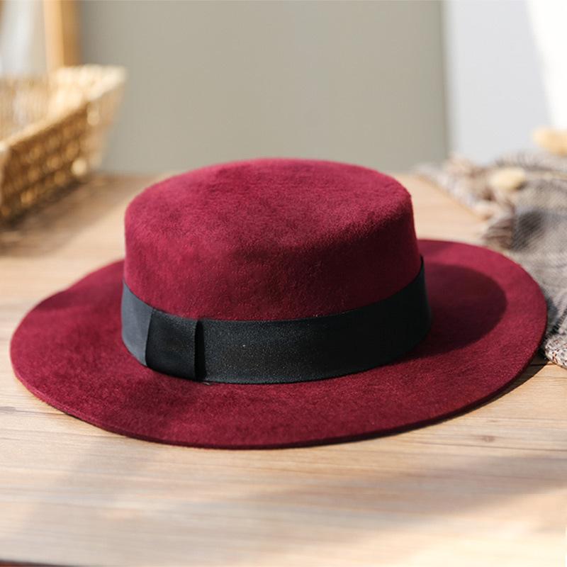 Rongmei New Hat Women's Autumn and Winter Wool Ni Top Hat Women's British Fashion Brushed Felt Hat Classic Flat Top Hat