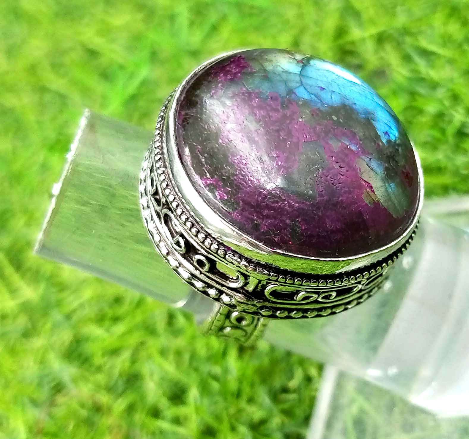 

Лабрадорит Драгоценный камень 925 пробы с серебряным покрытием Антикварное винтажное кольцо США SZ 5 Ювелирные изделия AVRF20