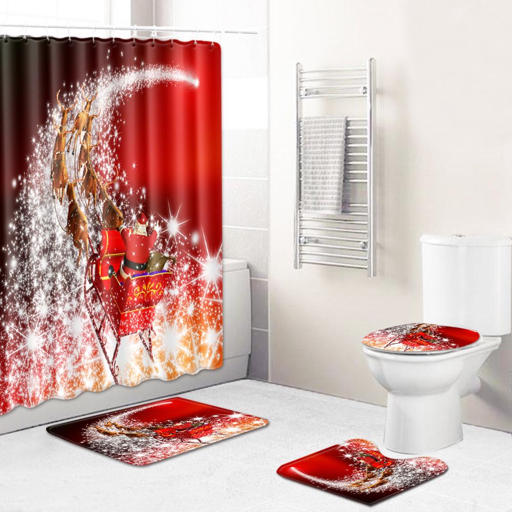 Christmas Toilet Seat Shower Curtain Four-Piece Printed Floor Mat Set Bathroom Floor Mat Bedroom Absorbent Door Mat Carpet