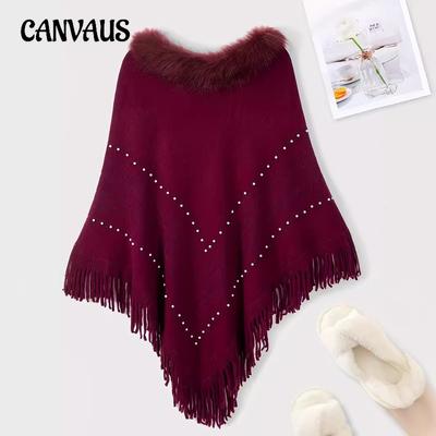 Autumn and Winter Plus Size Jacquard Pearl Tassel Women's Outer Warm Hair Collar Shawl Cape